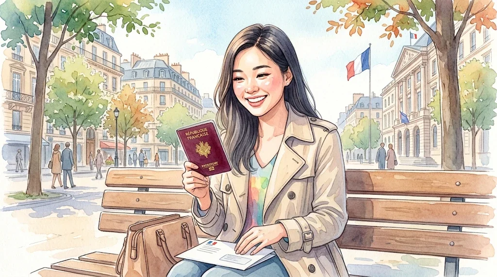 Naturalisation 2026-2027 : une nouvelle Française souriante tient son passeport français, assise sur un banc à Paris